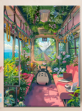 龙猫之花车|diy数字油画丙烯填充手绘治愈系龙猫减压油彩涂色画