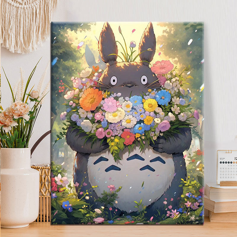 鲜花龙猫|diy数字油画丙烯填充手绘宫崎骏龙猫治愈减压油彩涂色画