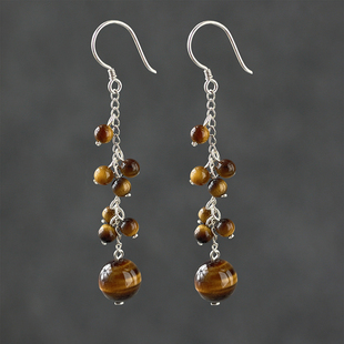 纯银耳环天然虎眼石夸张流苏耳饰坠长款原创大地卡其色民族风复古