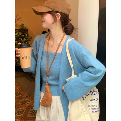 蓝色长袖套装针织开衫外套上衣