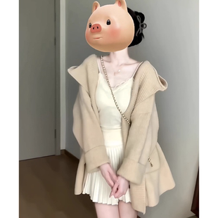 2025新款韩系慵懒风中长款毛衣外套女早秋高级感连帽针织开衫上衣