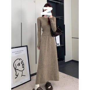 针织长裙套装 新款 套头毛衣半身裙两件套2025秋季 圆领长袖