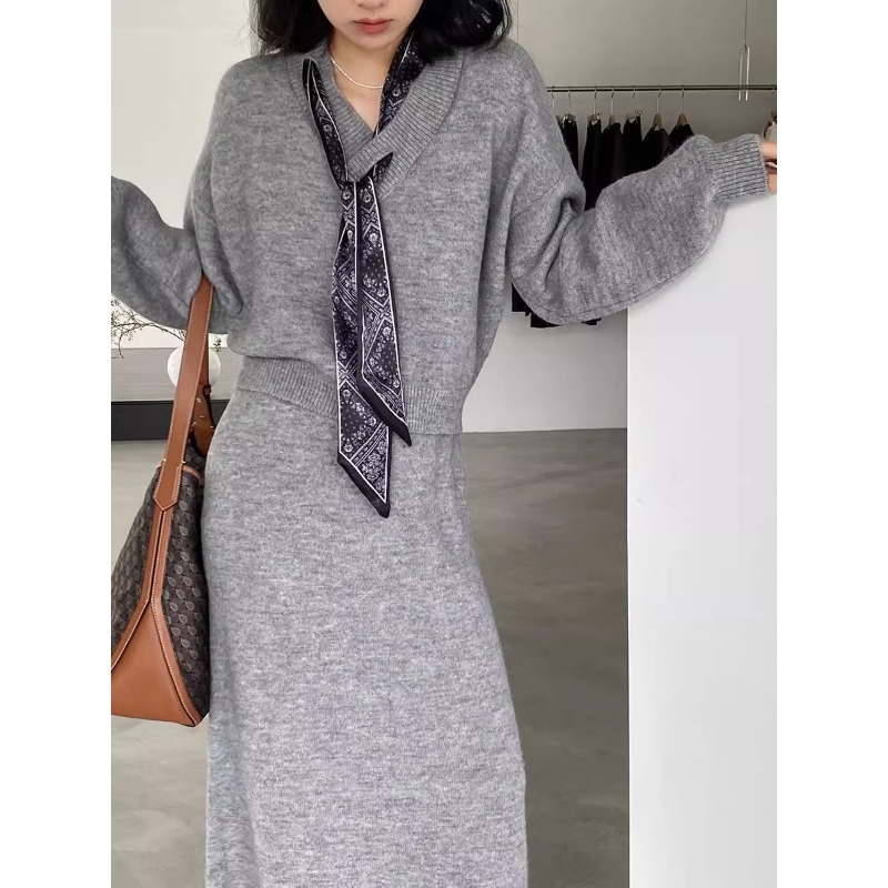 丝巾针织衫毛衣外套＋半裙两件套
