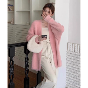 仿水貂绒毛衣外套女宽松外搭慵懒风中长款白色针织开衫大衣新秋冬