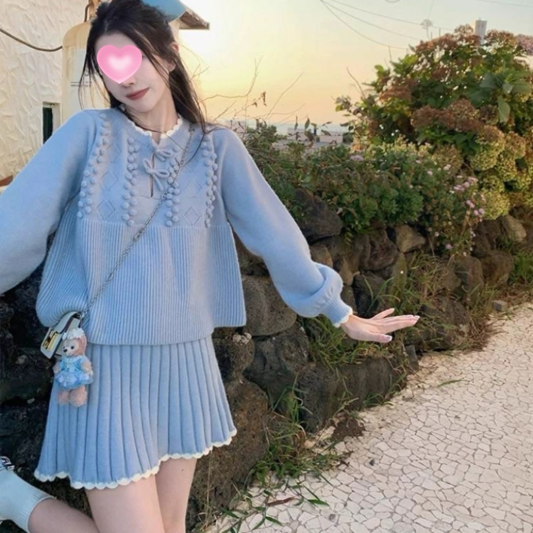 韩版新款小香风蓝色针织毛衣半身裙套装女韩系温柔甜美两件套,女装/女士精品,时尚套装,淘宝优惠券,粉丝福利购,淘宝优惠卷
