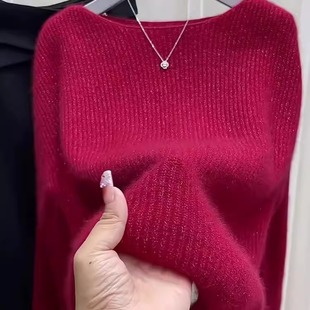 2025秋冬新款韩版宽松显瘦红亮丝针织毛衣女时尚洋气百搭打底上衣