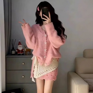 半身裙两件套 女秋冬穿搭一整套粉色针织衫 巨好看 小香风毛衣套装