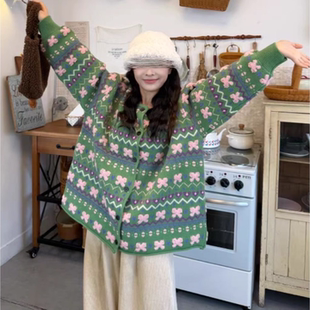 复古绿色提花针织开衫 女秋冬休闲慵懒外搭气质减龄保暖毛衣外套