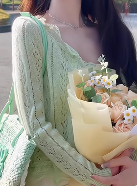 纯欲套装女春款绿色长袖针织镂空开衫上衣蕾丝花边吊带背心两件套