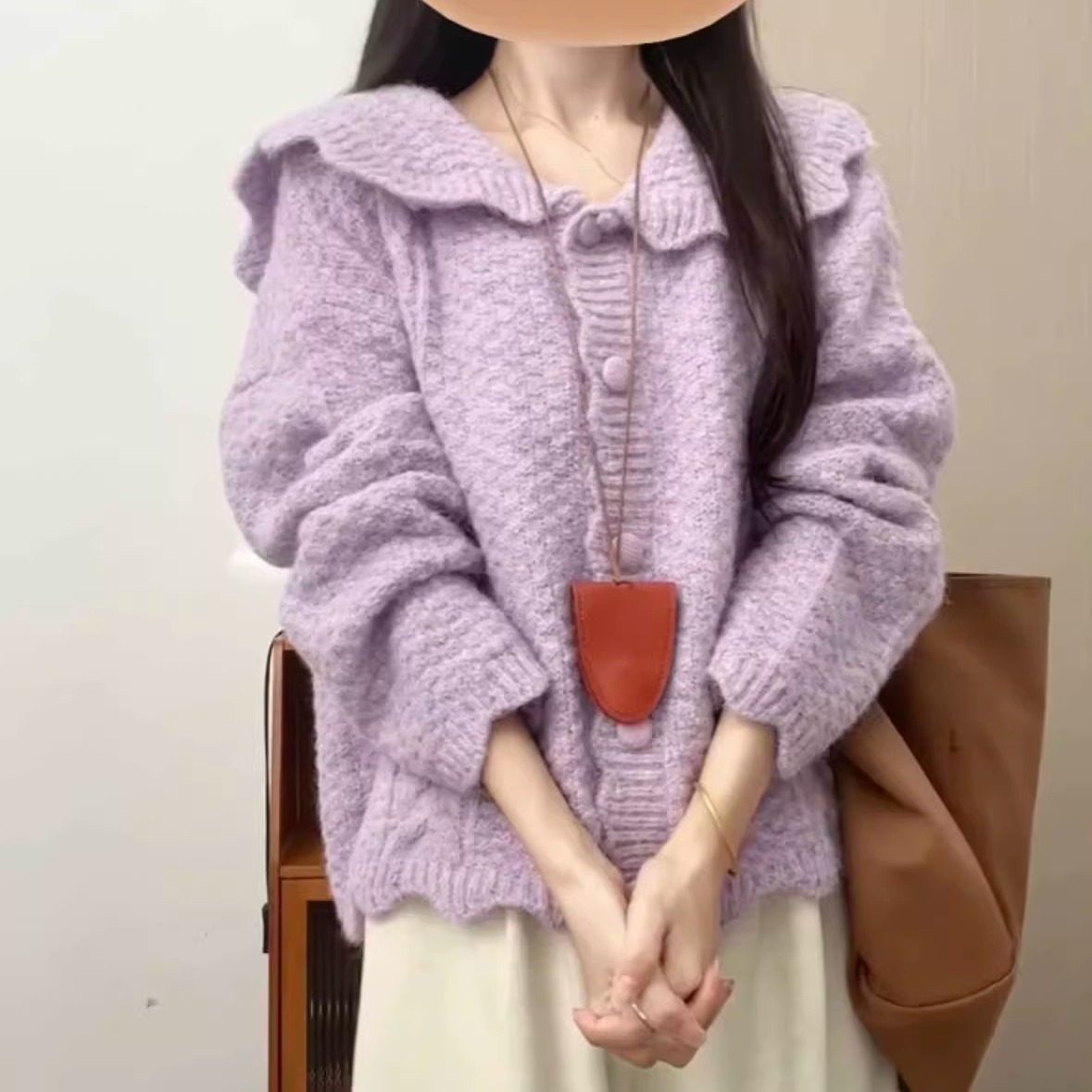 紫色高级感翻领毛衣开衫女款秋冬季宽松慵懒风独特针织开衫外套