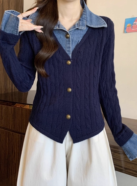 蓝色翻领牛仔拼接假两件长袖针织衫女秋季学院风气质百搭短款上衣