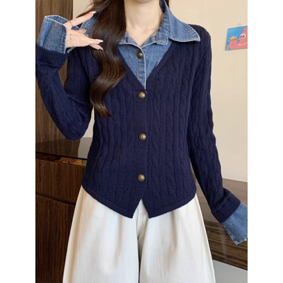 翻领牛仔拼接假两件长袖针织衫