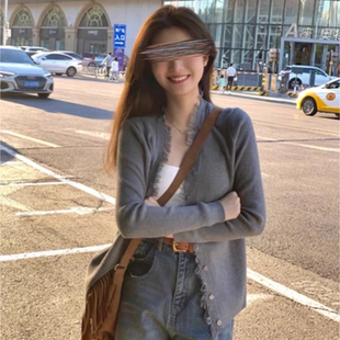 灰色流苏毛衣开衫外套女秋冬季复古日系慵懒风宽松外穿针织衫上衣