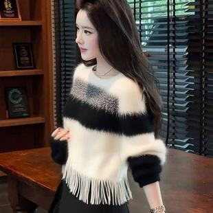 现货！绝美巨好看秋冬漂亮慵懒感小众穿搭撞色条纹流苏毛衣上衣女