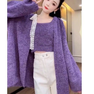 韩系早秋穿搭秋冬女吊带开衫两件套2025针织衫外套温柔软糯风毛衣