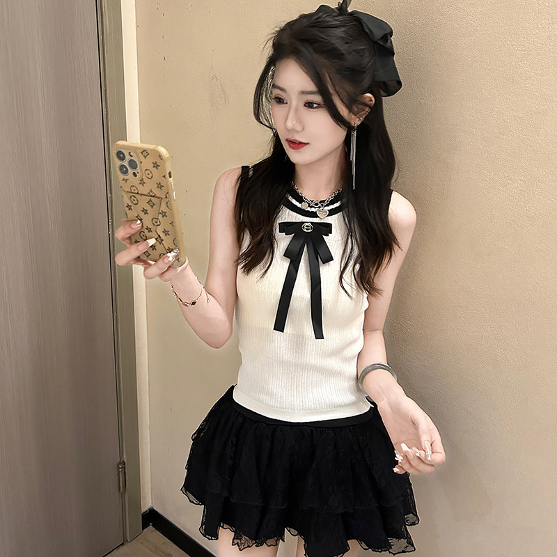 法式小香风蝴蝶结针织无袖背心女夏高级感甜辣短款别致绝美小上衣