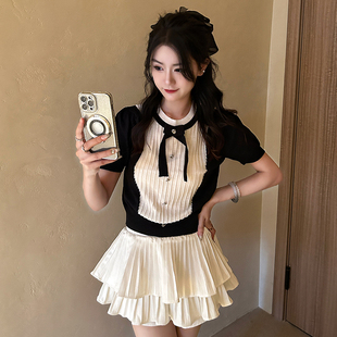 高级感洋气独特别致上衣 T恤女夏装 法式 绝美小香风蝴蝶结针织短袖