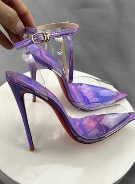 帝一携2024春季新品紫色透明露跟女鞋法式尖头时尚穆勒细高跟凉鞋