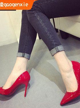 欧洲日常欧美纯色新款裸色尖头高跟鞋细跟酒单鞋女红色蓝色大码鞋