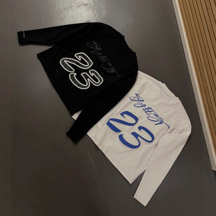 跨境街头潮流原宿hip-hop数字凹凸印圆领t恤男女y2k长袖上衣