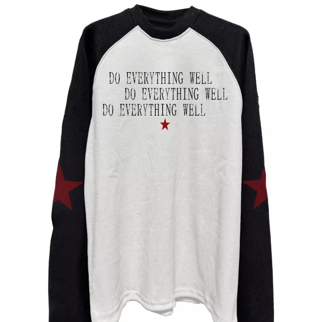 外贸亚文化男女圆领插肩撞色星星印花长袖t恤拼接宽松休闲上衣