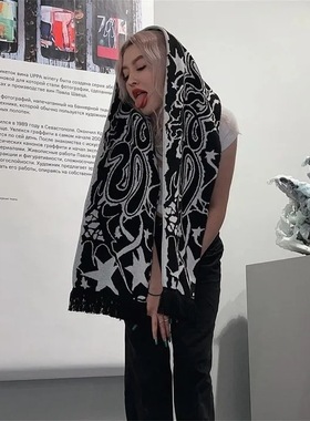 欧美跨境秋冬多款保暖围巾动漫卡通条纹提花双面针织围巾