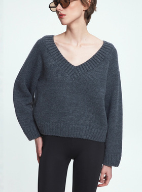 跨境亚马逊2025秋冬欧美复古V领宽松长袖灰色毛衣套头针织衫女批