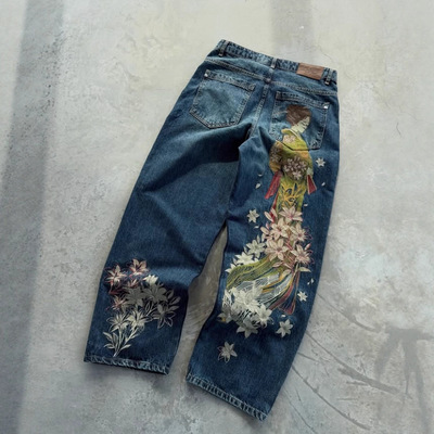 欧美跨境derschutze休闲长裤梅花刺绣街头牛仔裤宽松阔腿裤男女潮