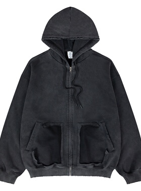 UNZEOT秋冬新款重磅做旧散边破坏鼠袋加绒抽绳拉链纯色连帽卫衣