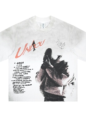 UNZEOT春夏新款美式复古做旧水洗设计感短袖t恤男宽松潮牌ins超