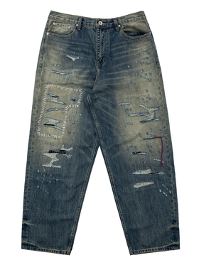 UNZEOT美式复古水洗做旧破洞牛仔裤男女宽松小众直筒cleanfit裤子