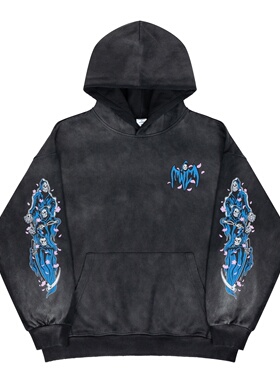 UNZEOT潮牌小众重磅死神来了手臂印花连帽卫衣水洗做旧毛圈男女