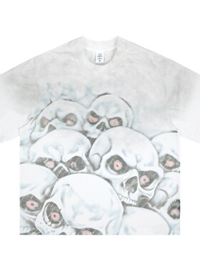 UNZEOT美式街头潮牌嘻哈高街vibe做脏洗水骷髅半袖复古短袖T恤