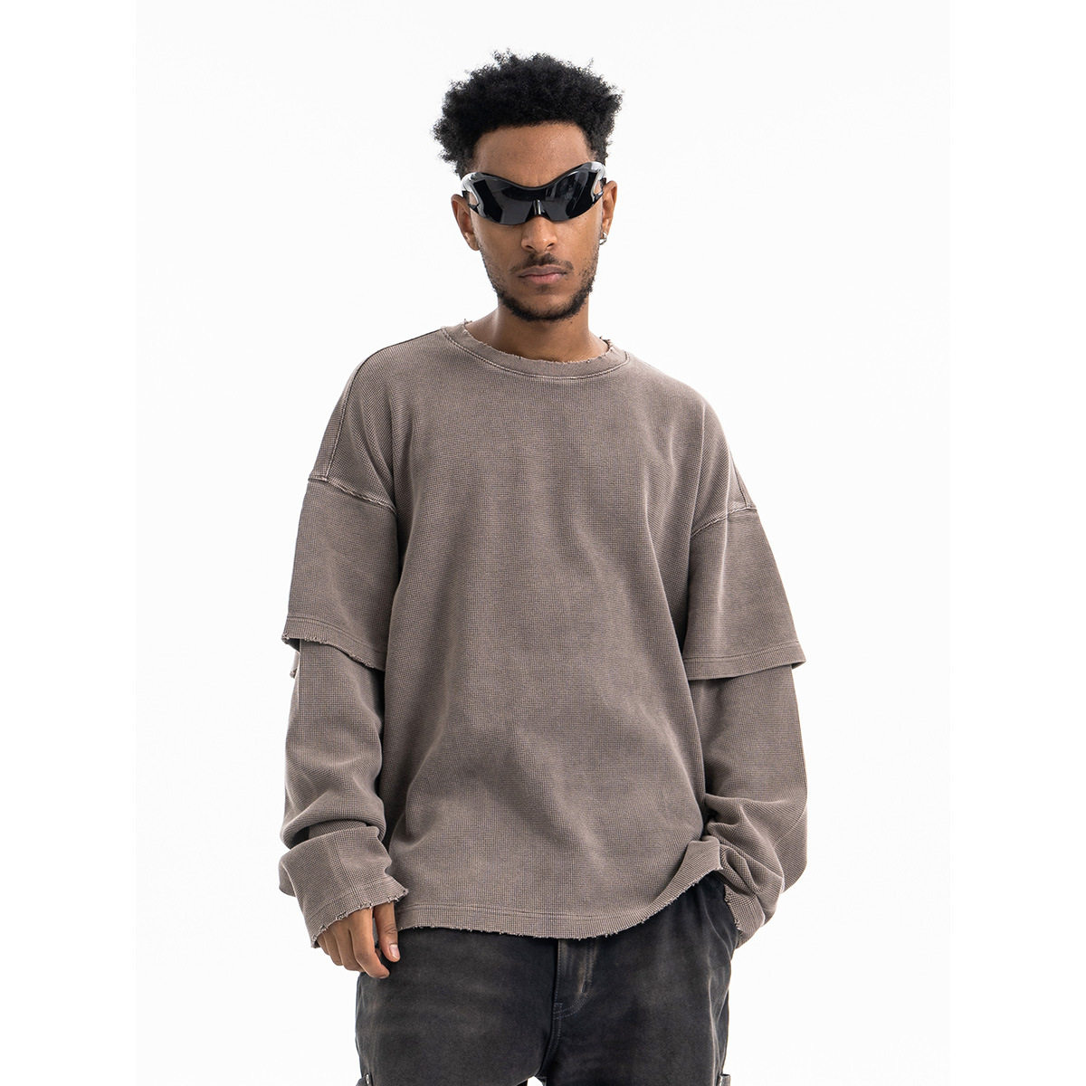 华夫格假两件长袖400克重磅染色磨烂做旧复古圆领T恤男,男装,T恤,淘宝优惠券,粉丝福利购,淘宝优惠卷