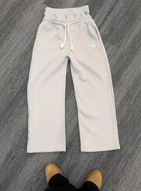 跨境欧美双腰头刺绣卫裤男女潮牌高街长裤假两件裤子宽松阔腿裤子