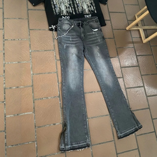 欧美跨境复古做旧毛边侧边拉链牛仔裤男女嘻哈休闲街头宽松长裤潮