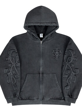 UNZEOT美式复古街头水洗做旧贴补刺绣开衫连帽卫衣国潮牌