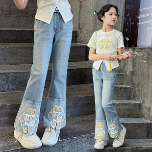 新中式 牛仔裤 套装 两件套 女童夏季 2024新款 中大童刺绣儿童国风短袖