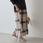 十月雪 文艺双层百搭松紧腰阔腿裤 日系原D棉麻色织格裙裤 女春夏季
