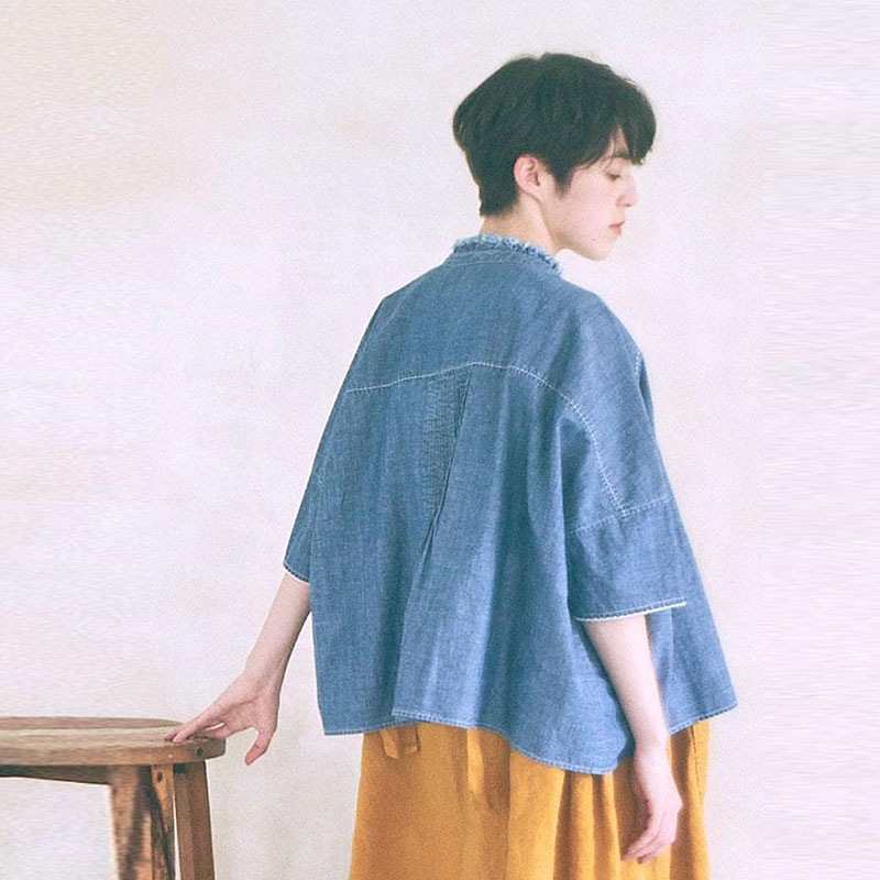 复活款 高端工艺款棉麻牛仔衬衫女春夏季宽松塔克风琴摺裙摆上衣