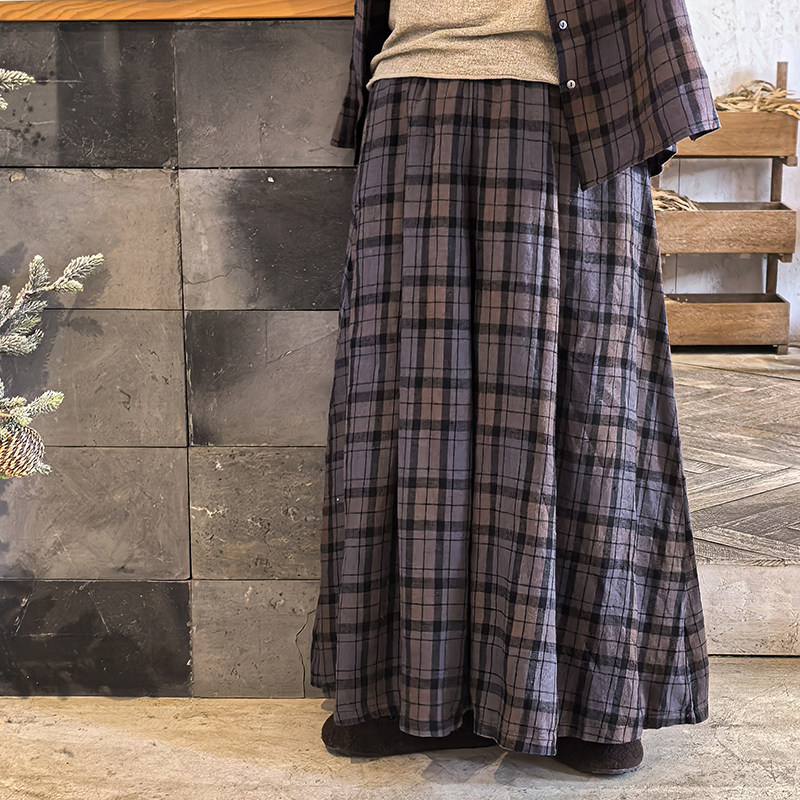 亚麻格子半身裙加厚秋冬季新