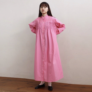 十月雪  日系高密度棉胸前摺皱连衣裙秋季女宽松复古文艺中长裙