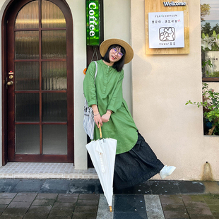 十月雪 日系亚麻中长衫连衣裙长袖秋季文艺森系宽松中长裙子