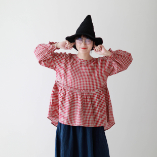 新长袖 十月雪 秋季 衬衫 宽松上衣 日系色织小格纹亚麻木耳边裙摆式