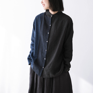 十月雪 日系色织亚麻拼色长袖衬衫女春季新开衫宽松复古文艺上衣