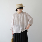 日系薄款 亚麻木耳边衬衫 文艺春夏季 十月雪 新款 女宽松上衣可爱森