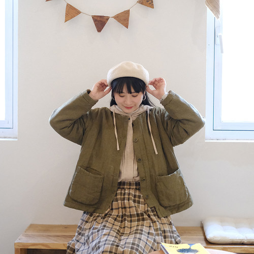 十月雪 纯亚麻夹棉圆领短款开身棉服女秋冬季宽松日系外套上衣