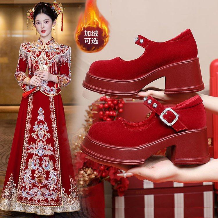 玛丽珍婚鞋禾秀婚纱两穿厚底高跟冬季加绒绝美不累脚结婚订婚红鞋