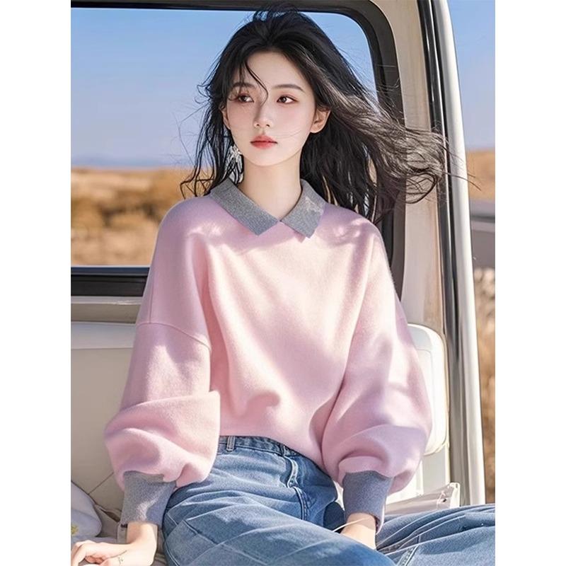 春季新款粉色灯笼袖polo领卫衣女