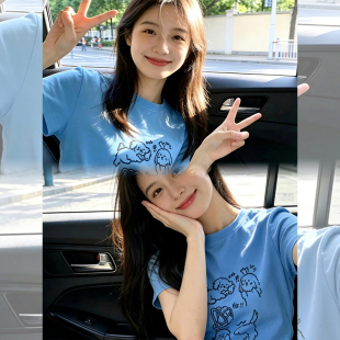 蓝色可爱小狗雅虎修身百搭短袖T恤女2026夏季绝美巨好看韩系上衣